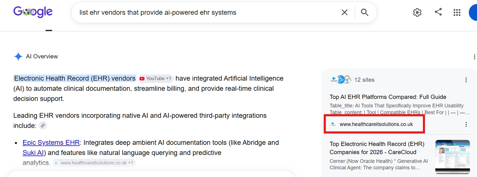 Healthcare IT Solutions ranking in Google Search results